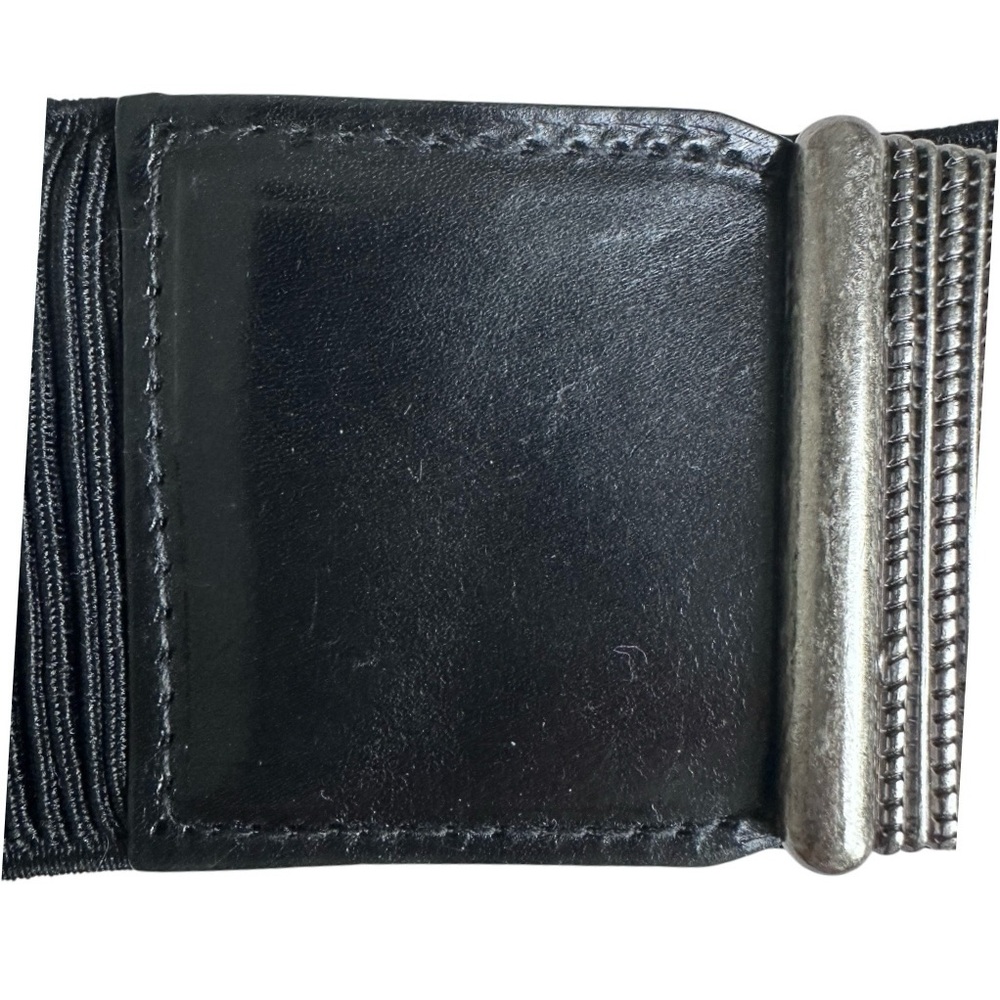 LANDES Women's Black Leather and Textured Silver Metal Belt w Grosgrain Elastic